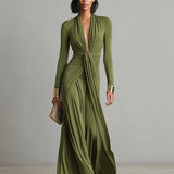 Olive Silk Maxi Dress with V-Neck