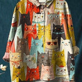 Yvonne | Casual Women's Blouse with Artistic Cat Print