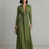 Olive Silk Maxi Dress with V-Neck