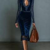 Velvet Midi Dress with V-Neck Lace