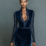 Velvet Midi Dress with V-Neck Lace