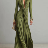 Olive Silk Maxi Dress with V-Neck
