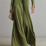 Olive Silk Maxi Dress with V-Neck