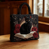 Quilted Handmade Bag - Black Cat on Books