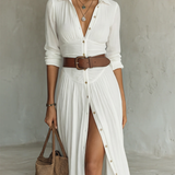 White Linen Pleated Maxi Dress