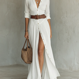 White Linen Pleated Maxi Dress