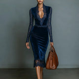 Velvet Midi Dress with V-Neck Lace