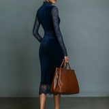 Velvet Midi Dress with V-Neck Lace