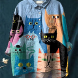 Marina | Casual Women's Blouse with Artistic Cat Print