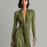 Olive Silk Maxi Dress with V-Neck