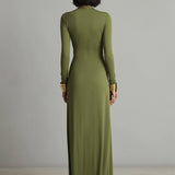 Olive Silk Maxi Dress with V-Neck