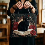 Quilted Handmade Bag - Black Cat on Books